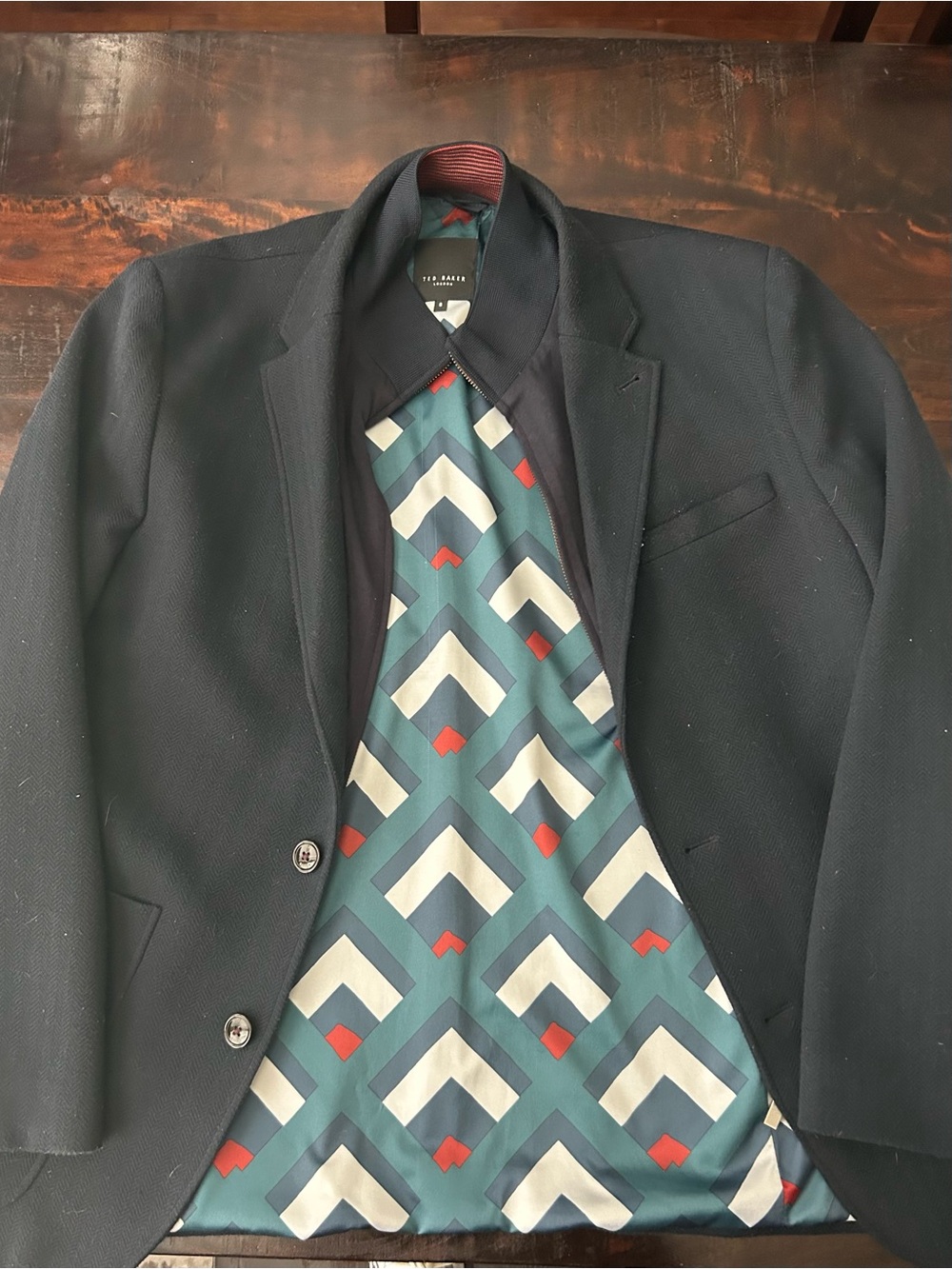 Men's navy blue  Blazer/ Teal Geometric Lining-Ted Baker zip out color lining